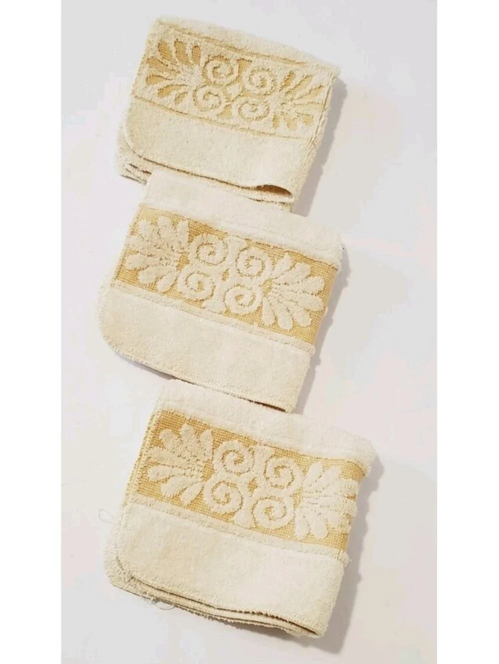 Vtg Cannon Monticello Yellow Floral Fringe Washcloth Towels MCM Set 3